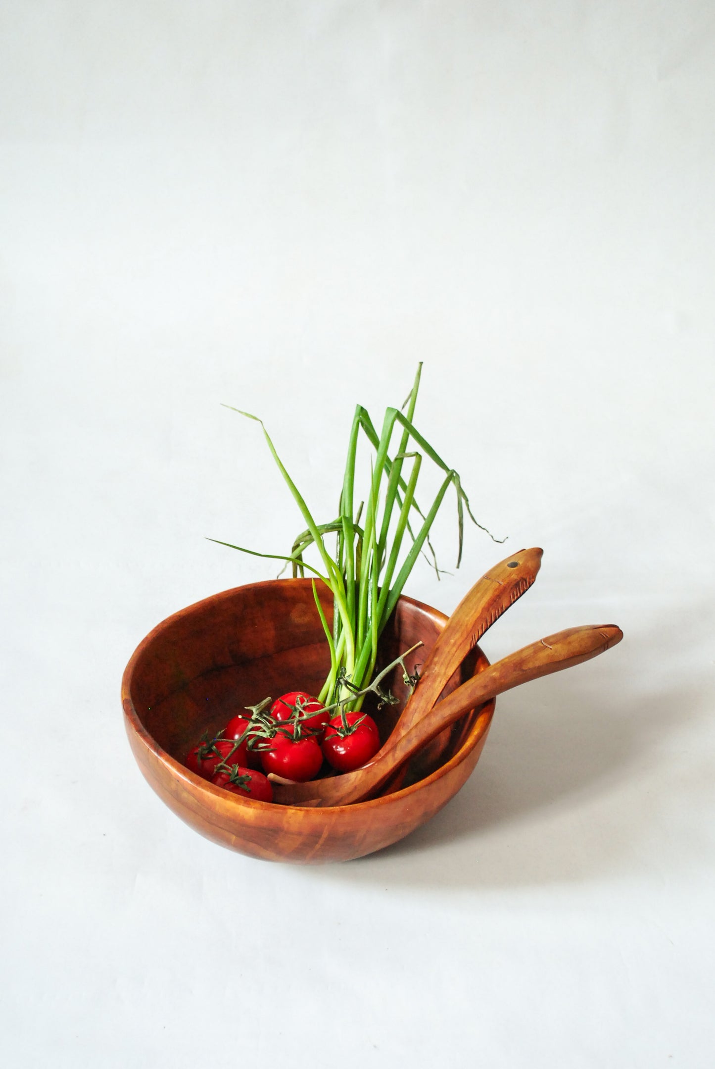 Hand-carved Salat Bowl w/ fish shaped cutlery, Unknown 1980s