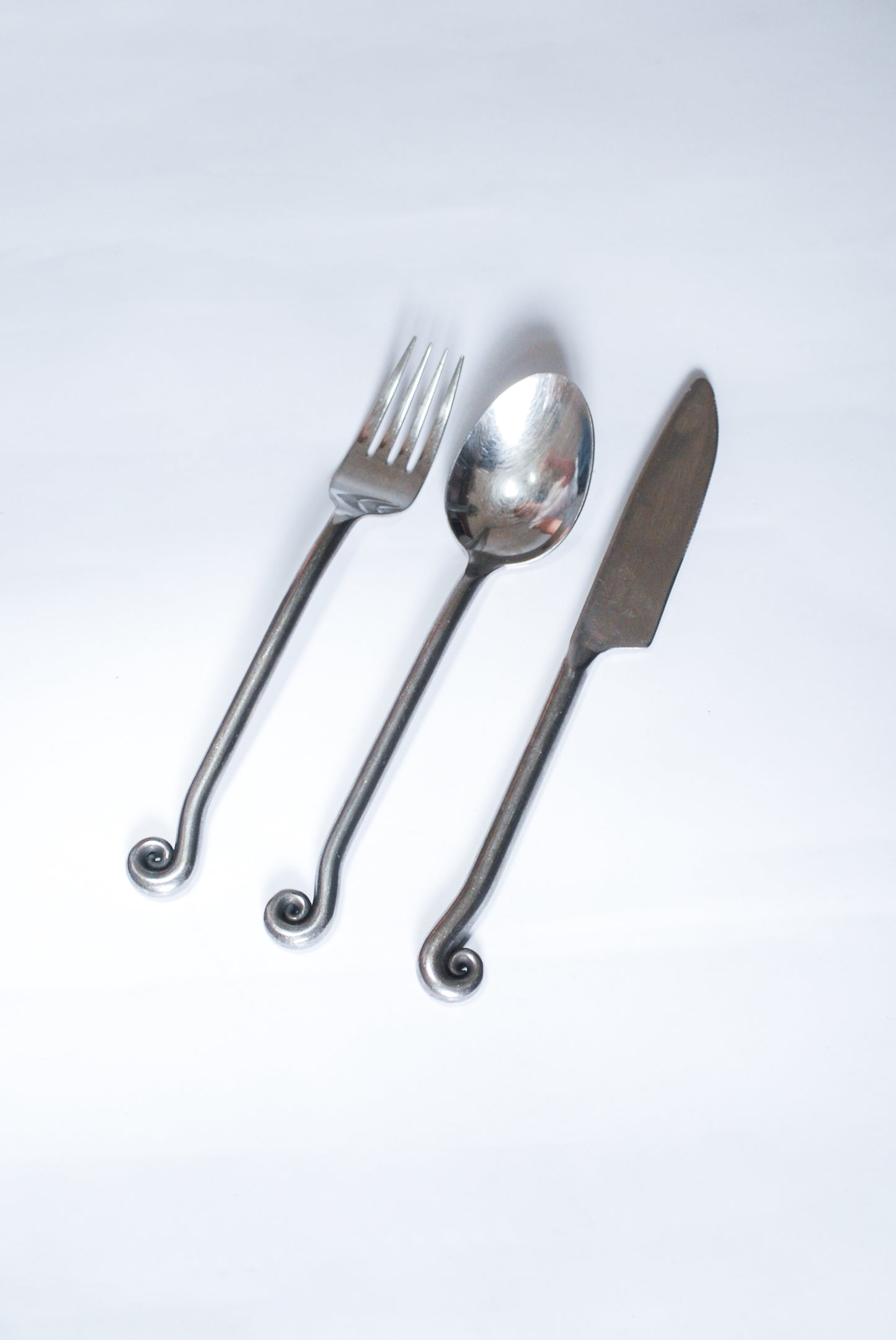 Artisanal Steel Cutlery w/ Art Deco Style Fern Element, Unknown 1980s
