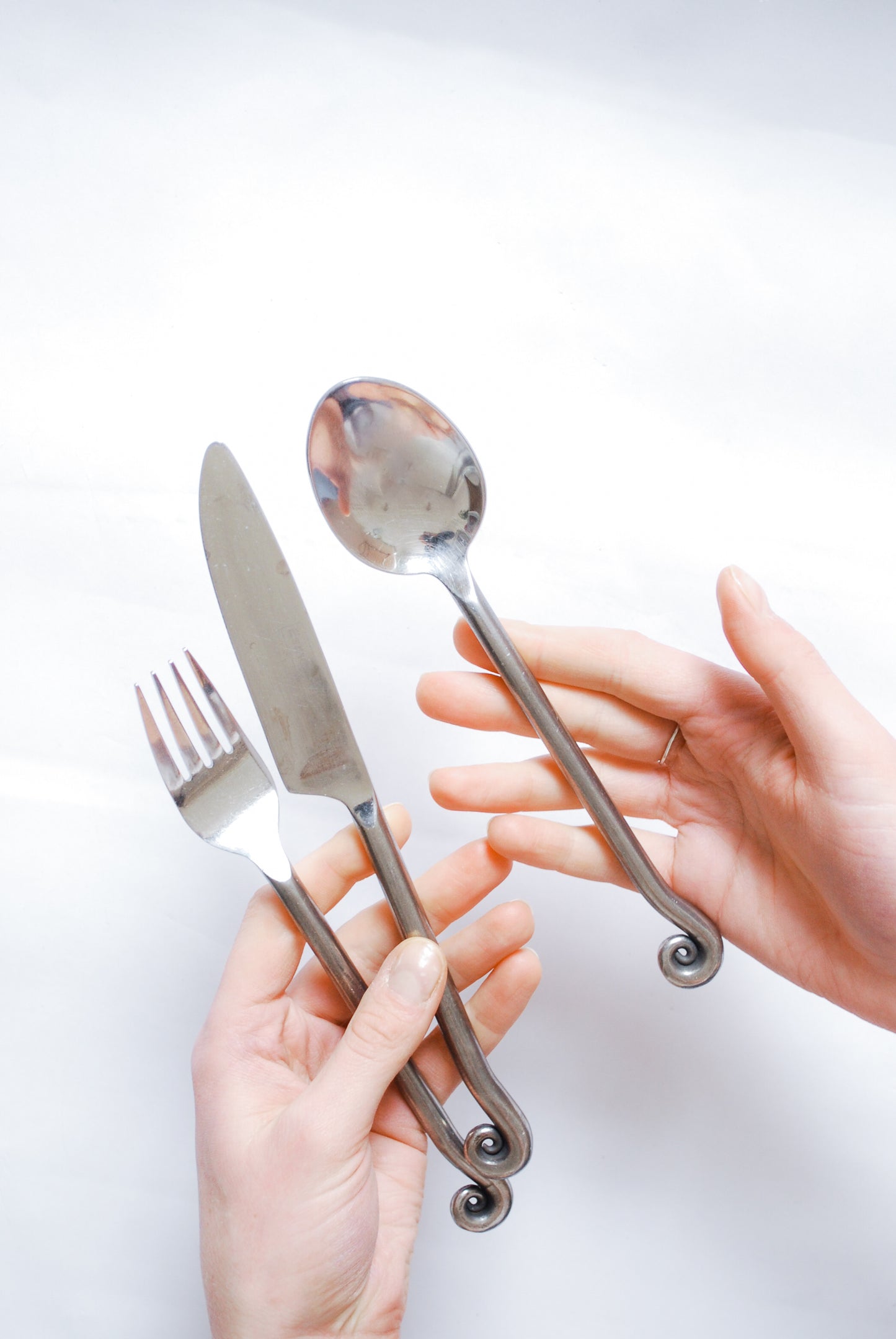 Artisanal Steel Cutlery w/ Art Deco Style Fern Element, Unknown 1980s