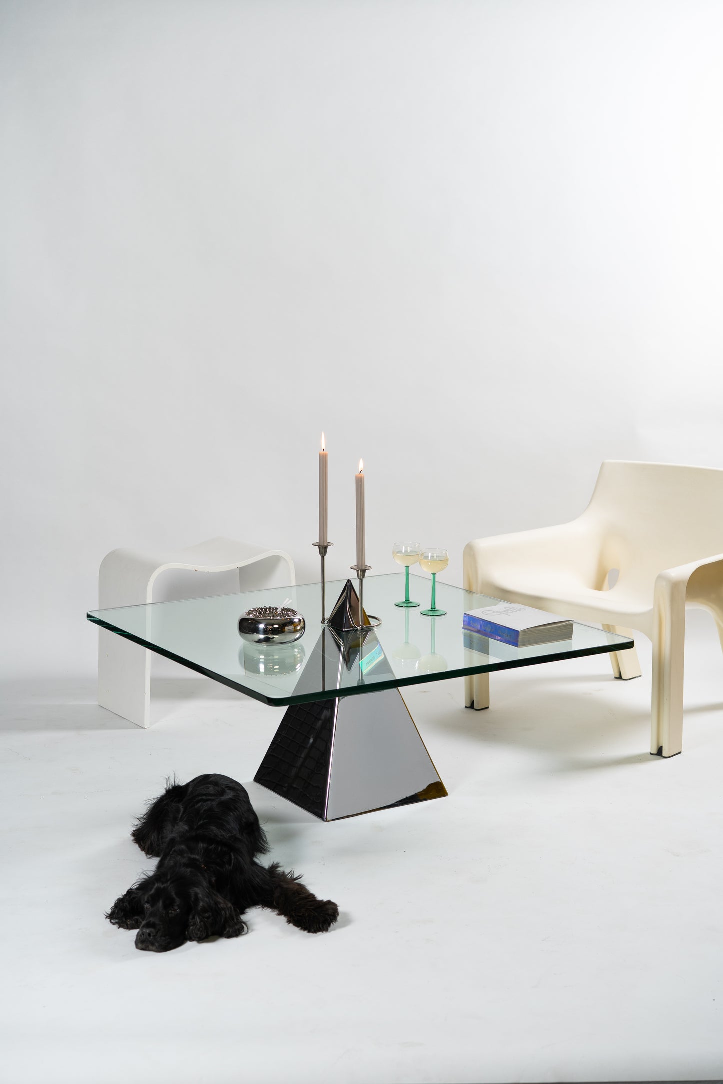 Postmodern Chrome Pyramid Glass Coffee Table