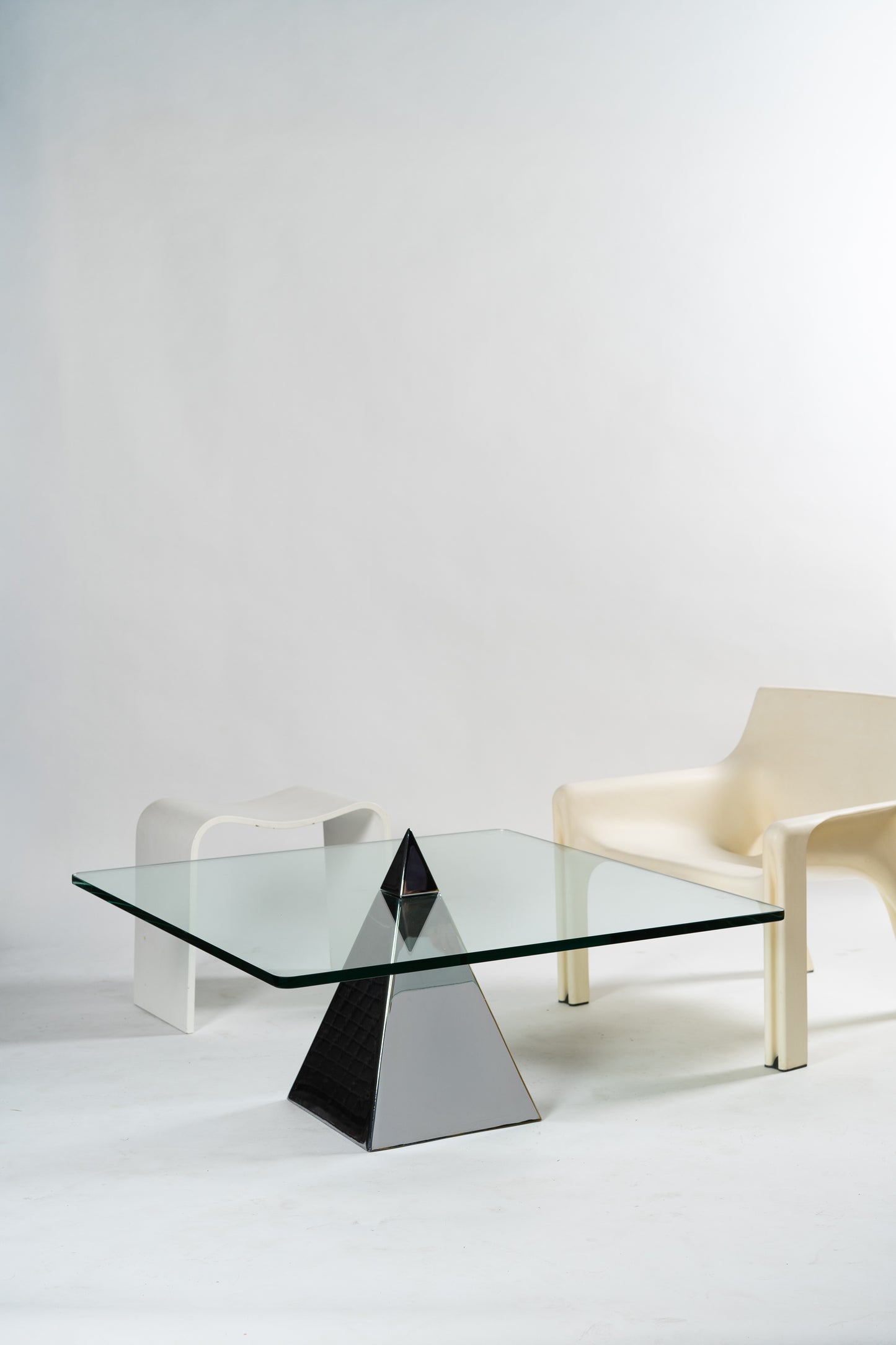 Postmodern Chrome Pyramid Glass Coffee Table