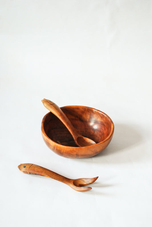 Hand-carved Salat Bowl w/ fish shaped cutlery, Unknown 1980s