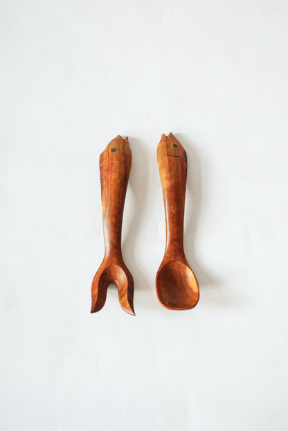 Hand-carved Salat Bowl w/ fish shaped cutlery, Unknown 1980s