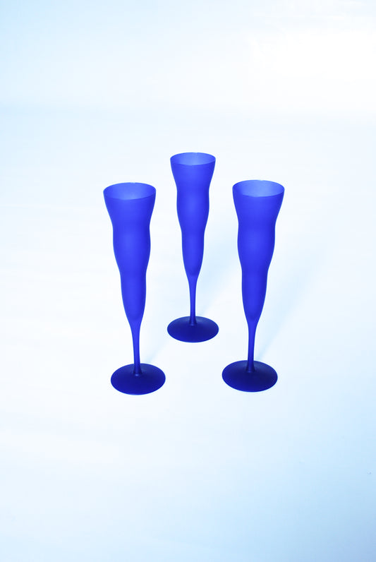 Frosted Wavy Cobalt Blue Champagne Glasses, Leonardo 1990s