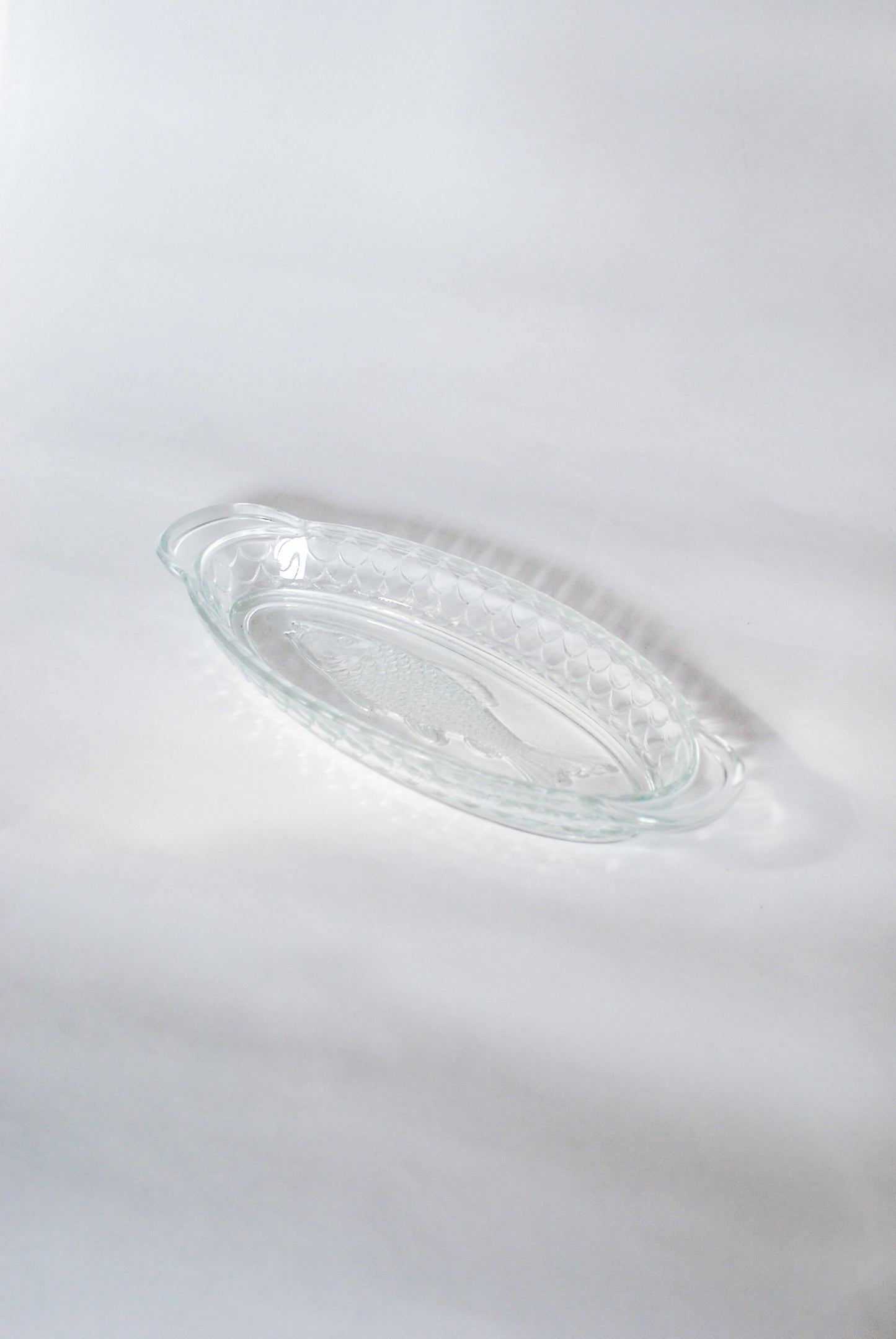 Pressed glass tray w/ fish decoration & scale pattern, Made in Germany 1950s