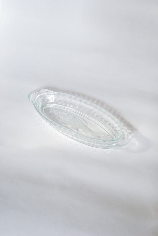 Pressed glass tray w/ fish decoration & scale pattern, Made in Germany 1950s