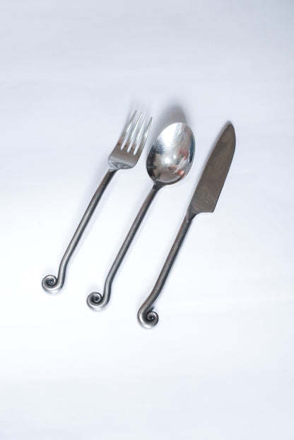 Artisanal Steel Cutlery w/ Art Deco Style Fern Element, Unknown 1980s