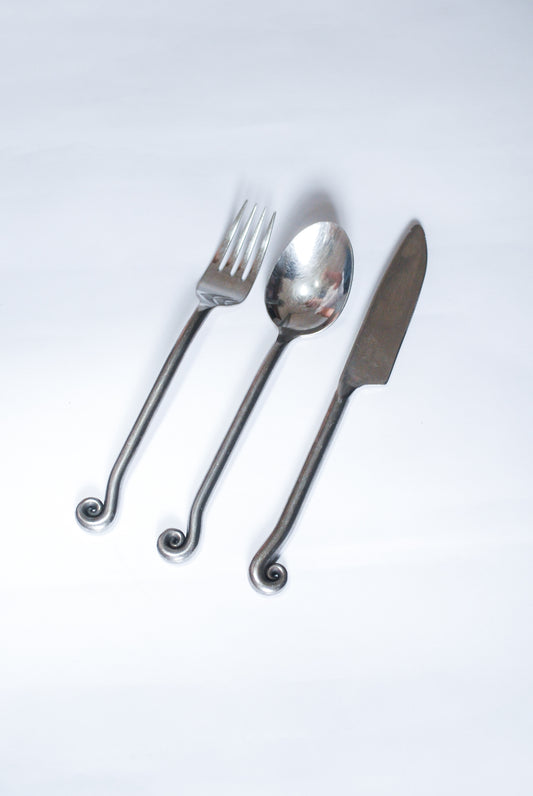 Artisanal Steel Cutlery w/ Art Deco Style Fern Element, Unknown 1980s