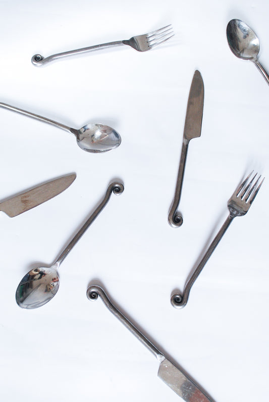 Artisanal Steel Cutlery w/ Art Deco Style Fern Element, Unknown 1980s